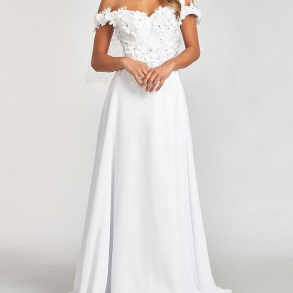 WHITE Floral 3D Applique and Embroidery Embellished A-Line Chiffon Dress GL3018